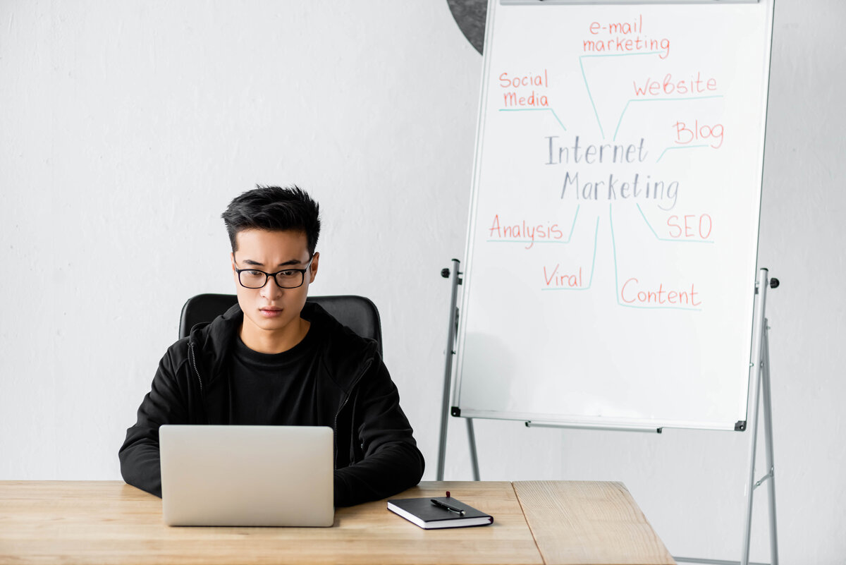 asian seo manager in glasses sitting near flipchart with lettering internet marketing