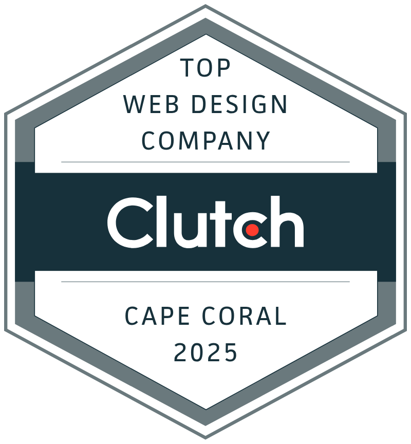 Badge displaying "Top Web Design Company, Clutch, Cape Coral 2025" in a hexagonal shape.