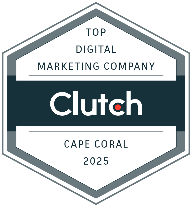 Hexagonal badge labeled "Top Digital Marketing Company, Clutch, Cape Coral 2025" with a dark center band.