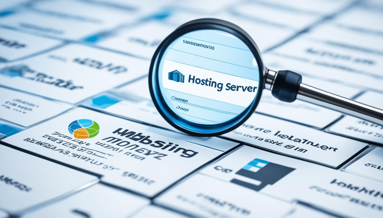 A magnifying glass focuses on a "Hosting Server" label among an array of other web hosting service labels.