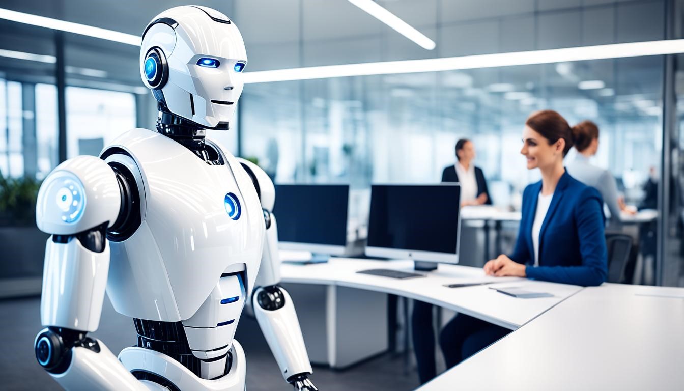 A humanoid robot stands near a desk in a modern office environment with a woman sitting nearby, both interacting with computer screens.