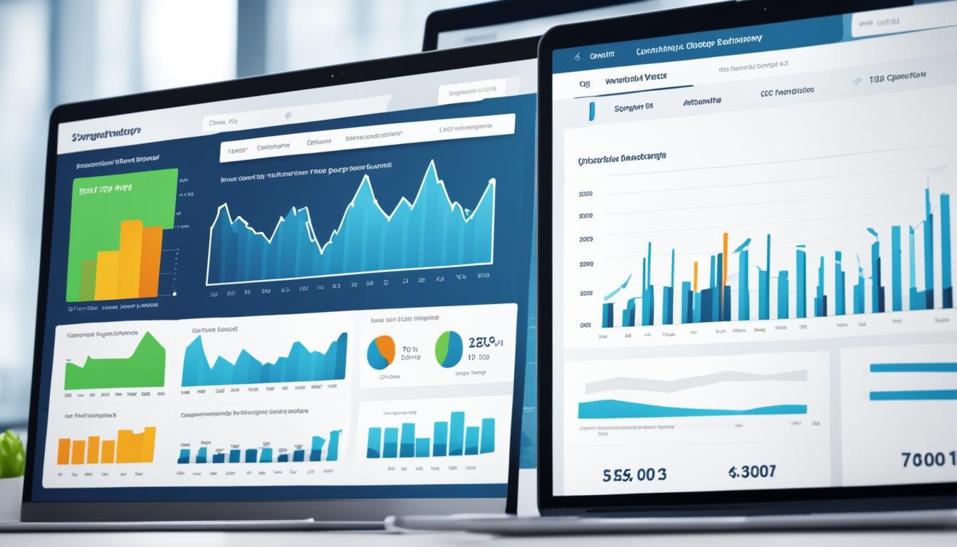 Close-up of two computer screens displaying various data charts and graphs including bar graphs, line charts, and pie charts showing financial and operational metrics and performance statistics.