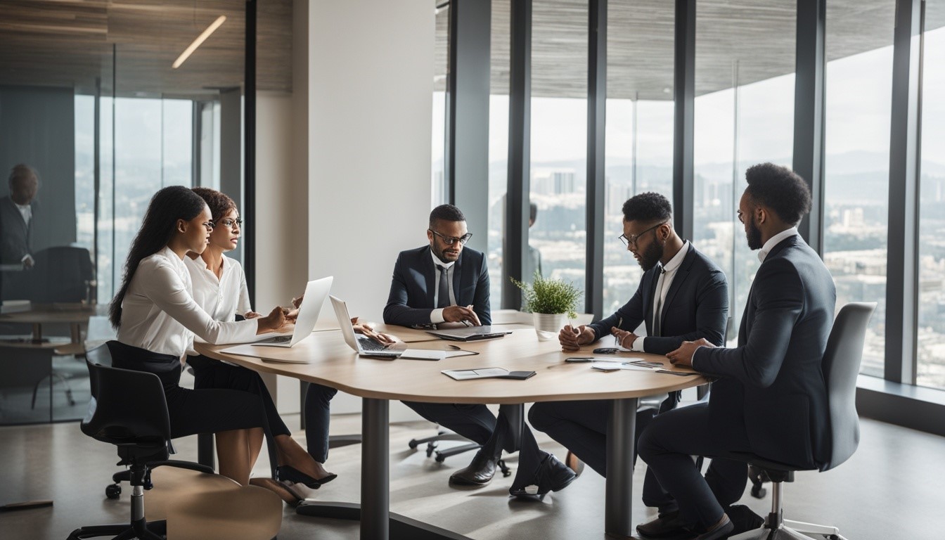 A group of professionals in business attire sit around a conference table in a modern office with large windows, engaged in a discussion.