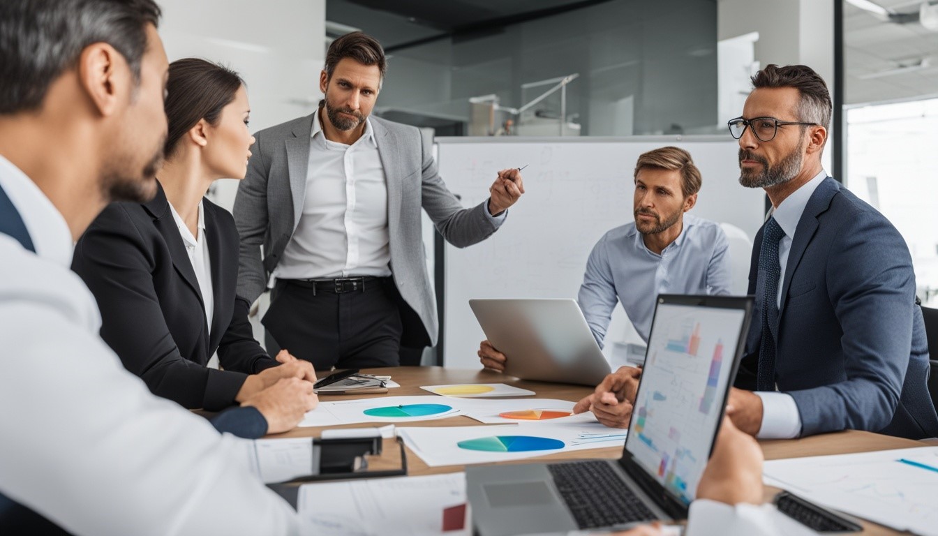 A group of business professionals are engaged in a meeting. One person is standing and pointing, while others are seated with laptops and documents displaying charts and graphs in front of them.