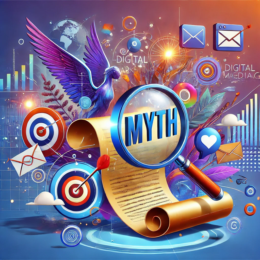 A digital collage features a scroll with "MYTH" under a magnifying glass, surrounded by digital marketing icons, a purple bird, and charts.