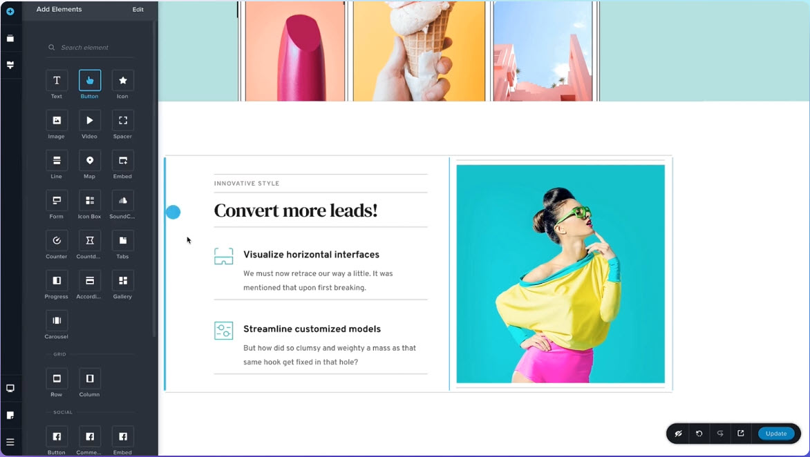 A webpage design preview with side navigation elements. It includes a colorful image of a person in bright clothes and text that reads: "Convert more leads! Visualize horizontal interfaces.