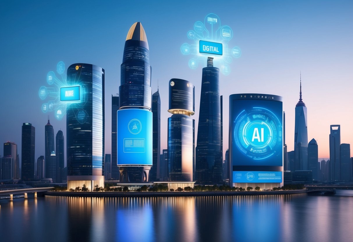 Futuristic cityscape with skyscrapers displaying digital and AI-themed holograms at dusk.