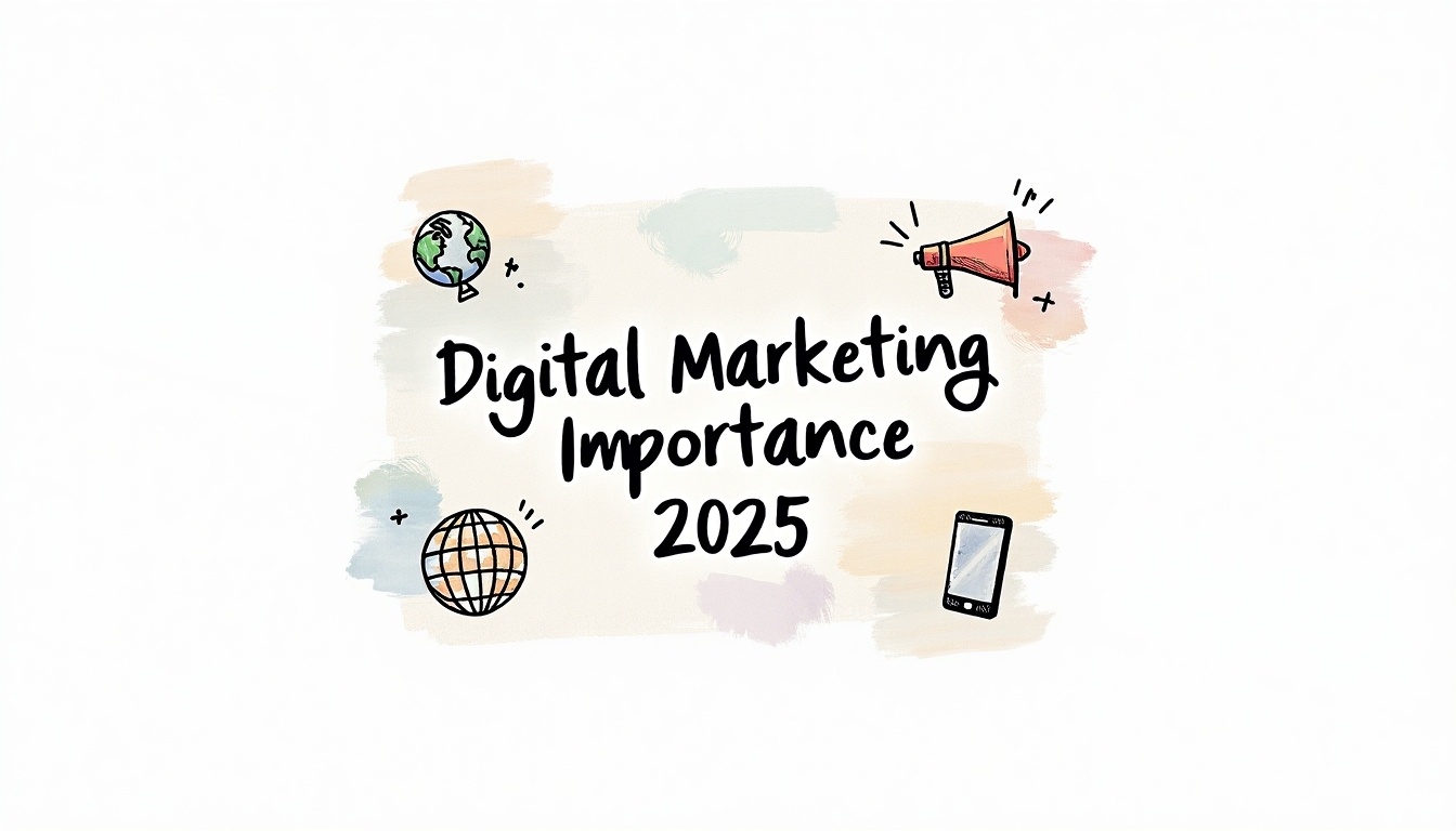 Text reading "Digital Marketing Importance 2025" with illustrations of a globe, megaphone, smartphone, and world grid on a pastel background.